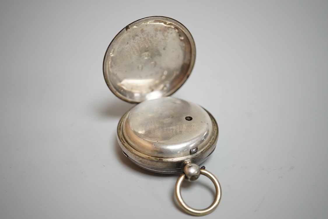 A late William IV silver open faced pocket watch, by William Latch, Newport, with Roman dial, together with a late Victorian silver open faced pocket watch and a Swiss 935 standard open faced pocket watch, retailed by Pi
